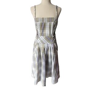 FP Free People Plaid Convertible Smocked Dress Adjustable Size 12 Green Yellow